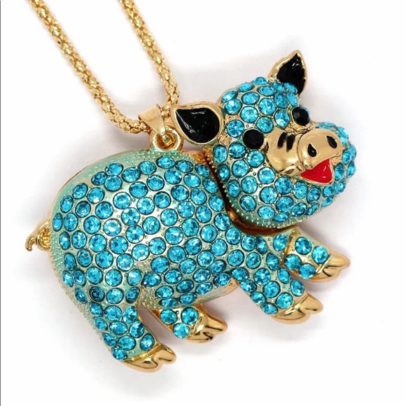 Crystal Blue Pig Necklace - Picture 2 of 3